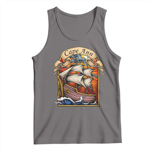 Cape Ann Vintage Nautical Sailing Ship Graphic Tank Top Retro Stained Glass Window Style Ocean Sunset Tall Ship