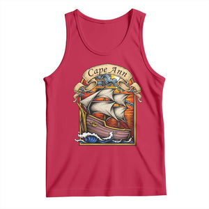 Cape Ann Vintage Nautical Sailing Ship Graphic Tank Top Retro Stained Glass Window Style Ocean Sunset Tall Ship