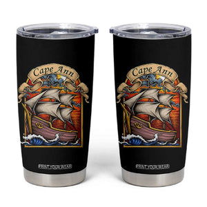 Cape Ann Vintage Nautical Sailing Ship Graphic Tumbler Cup Retro Stained Glass Window Style Ocean Sunset Tall Ship