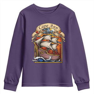 Cape Ann Vintage Nautical Sailing Ship Graphic Youth Sweatshirt Retro Stained Glass Window Style Ocean Sunset Tall Ship