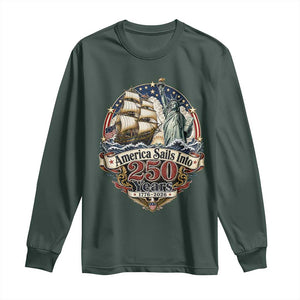America Sails Into 250 Years Vintage Nautical Graphic Long Sleeve Shirt Statue of Liberty Tall Ship 1776 to 2026 Semiquincentennial Patriotic