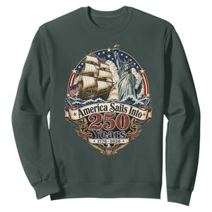 America Sails Into 250 Years Vintage Nautical Graphic Sweatshirt Statue of Liberty Tall Ship 1776 to 2026 Semiquincentennial Patriotic