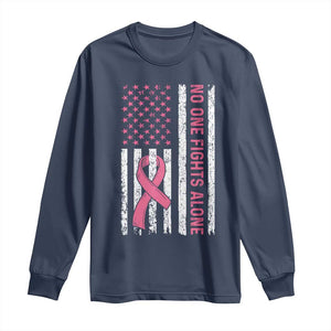Nobody Fights Alone Pink Ribbon Flag Long Sleeve Shirt Breast Cancer Awareness Support TS02 Navy Print Your Wear