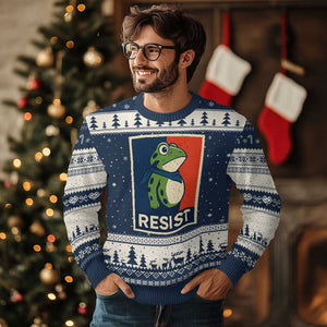 Portland 2025 Protest Ugly Christmas Sweater Frog Resist Against Pepper Spray TS02 Navy Beige Print Your Wear