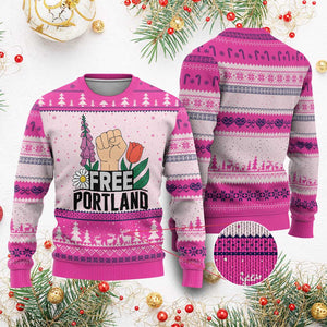 Free Portland Raised Fist Ugly Christmas Sweater Patriotic Oregon Freedom Floral Justice TS02 Hot Pink Print Your Wear