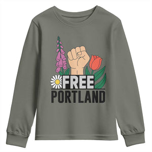 Free Portland Raised Fist Youth Sweatshirt Patriotic Oregon Freedom Floral Justice TS02 Military Green Print Your Wear