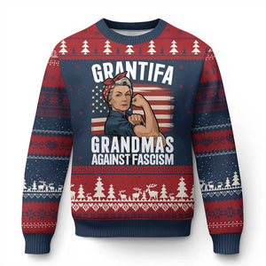 Patriotic Grantifa Ugly Christmas Sweater Grandmas Against Fascism Protest American Flag TS02 Navy Red Print Your Wear