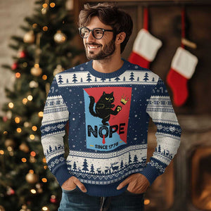 Nope Since 1776 Sarcastic Black Cat Ugly Christmas Sweater Funny No Kings In America Patriotic Protest TS02 Navy Beige Print Your Wear