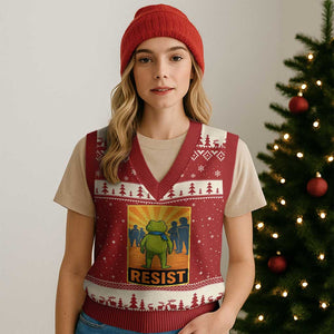 Resist Frog Graphic V-Neck Knit Sweater Vest Protest Stand Against Fascism TS02 Red Beige Print Your Wear
