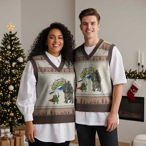 Funny Frog Protest Comic Graphic V-Neck Knit Sweater Vest Ribbit Resist Stand Against TS02 Mocha Mousse Print Your Wear