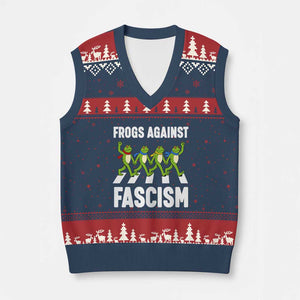 Walking Frog Against Fascism V-Neck Knit Sweater Vest Frogs Band Resistance Protest - Print Your Wear