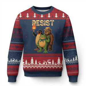Resist Social Club 2025 Ugly Christmas Sweater Bear Penguin Frog Protest Unity for Social Justice - Print Your Wear