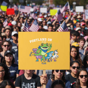 Portland On Ice 2025 Protest Sign Resist Frog and Inflatable Animals Protest Sarcastic Politics TS02 Horizontal 18" × 24" Yellow Print Your Wear