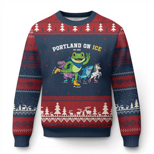 Portland On Ice 2025 Ugly Christmas Sweater Resist Frog and Inflatable Animals Protest Sarcastic Politics - Print Your Wear