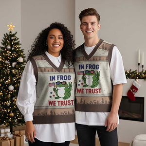 In Frog We Trust V-Neck Knit Sweater Vest Patriotic Portland Frogs Protest TS02 Mocha Mousse Print Your Wear