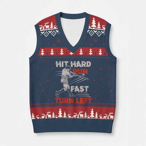Baseball Lover V-Neck Knit Sweater Vest Hit Hard Run Fast Turn Left Softball Fan TS02 Navy Red Print Your Wear