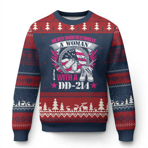 Female Veteran Ugly Christmas Sweater Never Underestimate A Woman With DD214 US Military TS02 Navy Red Print Your Wear
