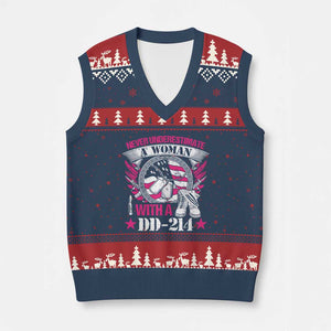 Female Veteran V-Neck Knit Sweater Vest Never Underestimate A Woman With DD214 US Military TS02 Navy Red Print Your Wear