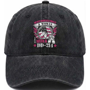 Female Veteran Washed Cotton Baseball Cap Never Underestimate A Woman With DD214 Women US Military TS02 Washed Cap Universal Fit Black Print Your Wear