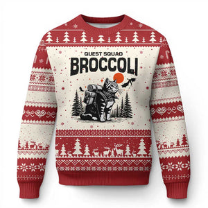Quest Squad Broccoli Cat Ugly Christmas Sweater Funny Hiking Adventure Cute Camping Feline TS02 Beige Red Print Your Wear
