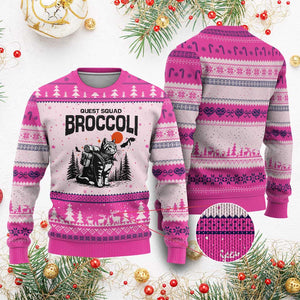 Quest Squad Broccoli Cat Ugly Christmas Sweater Funny Hiking Adventure Cute Camping Feline TS02 Hot Pink Print Your Wear