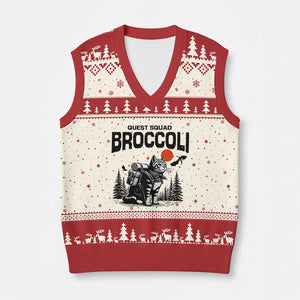 Quest Squad Broccoli Cat V-Neck Knit Sweater Vest Funny Hiking Adventure Cute Camping Feline TS02 Beige Red Print Your Wear