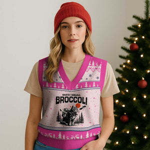 Quest Squad Broccoli Cat V-Neck Knit Sweater Vest Funny Hiking Adventure Cute Camping Feline TS02 Hot Pink Print Your Wear