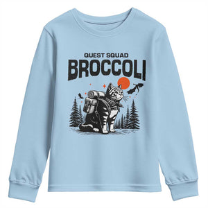 Quest Squad Broccoli Cat Youth Sweatshirt Funny Hiking Adventure Cute Camping Feline TS02 Light Blue Print Your Wear