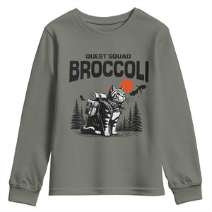 Quest Squad Broccoli Cat Youth Sweatshirt Funny Hiking Adventure Cute Camping Feline TS02 Military Green Print Your Wear