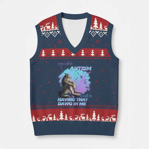 Funny Autistic Alpha Wolf Meme V-Neck Knit Sweater Vest You Call It Autism I Call It Having That Dawg In Me TS02 Navy Red Print Your Wear