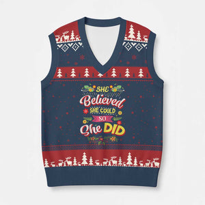 She Believed She Could So She Did V-Neck Knit Sweater Vest TS02 Navy Red Print Your Wear