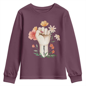 Empowered Women Youth Sweatshirt Resist Raised Fist Retro Boho TS02 Maroon Print Your Wear