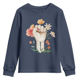 Empowered Women Youth Sweatshirt Resist Raised Fist Retro Boho TS02 Navy Print Your Wear