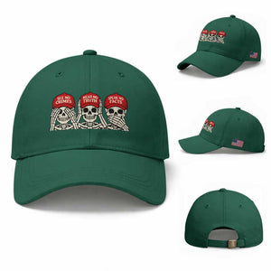 See No Crimes Hear No Truth Speak No Facts Skeletons Baseball Cap Political Satire Three Wise Monkeys Graphic TS02 Baseball Cap Universal Fit Irish Green Print Your Wear