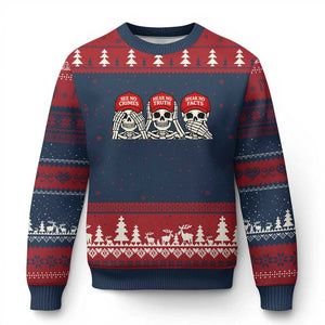 See No Crimes Hear No Truth Speak No Facts Skeletons Ugly Christmas Sweater Political Satire Three Wise Monkeys Graphic TS02 Navy Red Print Your Wear