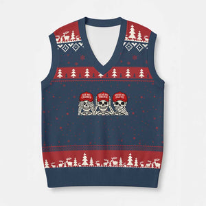 See No Crimes Hear No Truth Speak No Facts Skeletons V-Neck Knit Sweater Vest Political Satire Three Wise Monkeys Graphic TS02 Navy Red Print Your Wear