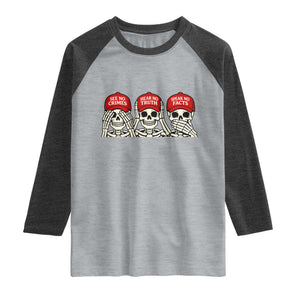 See No Crimes Hear No Truth Speak No Facts Skeletons Raglan Shirt Political Satire Three Wise Monkeys Graphic TS02 Heather Gray Heather Charcoal Print Your Wear