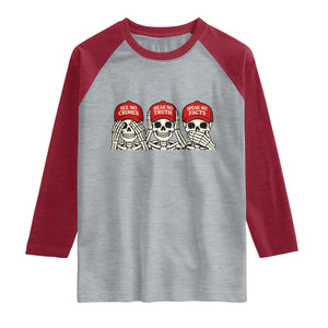 See No Crimes Hear No Truth Speak No Facts Skeletons Raglan Shirt Political Satire Three Wise Monkeys Graphic TS02 Heather Gray Heather Red Print Your Wear