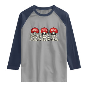 See No Crimes Hear No Truth Speak No Facts Skeletons Raglan Shirt Political Satire Three Wise Monkeys Graphic TS02 Sport Gray Navy Print Your Wear