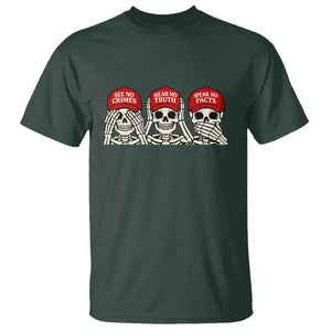 See No Crimes Hear No Truth Speak No Facts Skeletons T Shirt Political Satire Three Wise Monkeys Graphic TS02 Dark Forest Green Print Your Wear