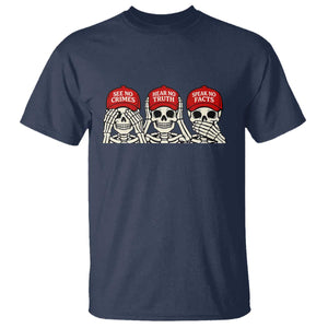 See No Crimes Hear No Truth Speak No Facts Skeletons T Shirt Political Satire Three Wise Monkeys Graphic TS02 Navy Print Your Wear