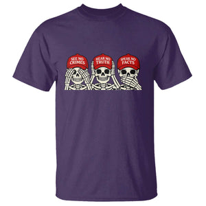 See No Crimes Hear No Truth Speak No Facts Skeletons T Shirt Political Satire Three Wise Monkeys Graphic TS02 Purple Print Your Wear