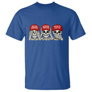 See No Crimes Hear No Truth Speak No Facts Skeletons T Shirt Political Satire Three Wise Monkeys Graphic TS02 Royal Blue Print Your Wear