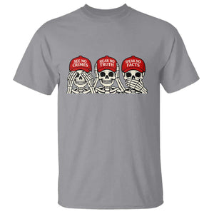 See No Crimes Hear No Truth Speak No Facts Skeletons T Shirt Political Satire Three Wise Monkeys Graphic TS02 Sport Gray Print Your Wear