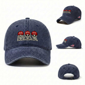 See No Crimes Hear No Truth Speak No Facts Skeletons Washed Cotton Baseball Cap Political Satire Three Wise Monkeys Graphic TS02 Washed Cap Universal Fit Navy Print Your Wear