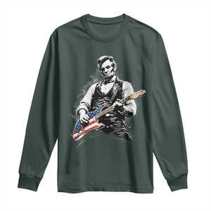 Rockin Abe Abraham Lincoln Playing Electric Guitar Long Sleeve Shirt Patriotic Music Rocker Mashup 4th of July Celebration TS02 Dark Forest Green Print Your Wear