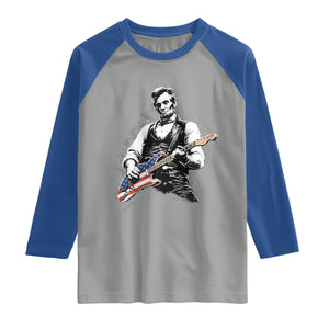 Rockin Abe Abraham Lincoln Playing Electric Guitar Raglan Shirt Patriotic Music Rocker Mashup 4th of July Celebration TS02 Sport Gray Royal Print Your Wear