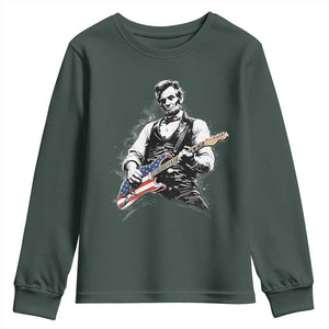 Rockin Abe Abraham Lincoln Playing Electric Guitar Youth Sweatshirt Patriotic Music Rocker Mashup 4th of July Celebration TS02 Dark Forest Green Print Your Wear