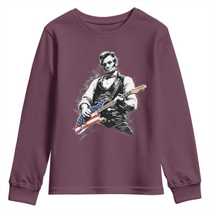Rockin Abe Abraham Lincoln Playing Electric Guitar Youth Sweatshirt Patriotic Music Rocker Mashup 4th of July Celebration TS02 Maroon Print Your Wear