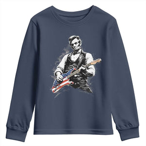 Rockin Abe Abraham Lincoln Playing Electric Guitar Youth Sweatshirt Patriotic Music Rocker Mashup 4th of July Celebration TS02 Navy Print Your Wear